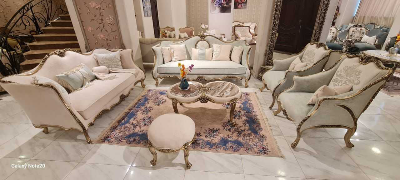 طقم صالون خشب زان احمر روماني دهان دوكو فرن قماش وتر بروف ضد المايه اسفنج كثافه ٣٨